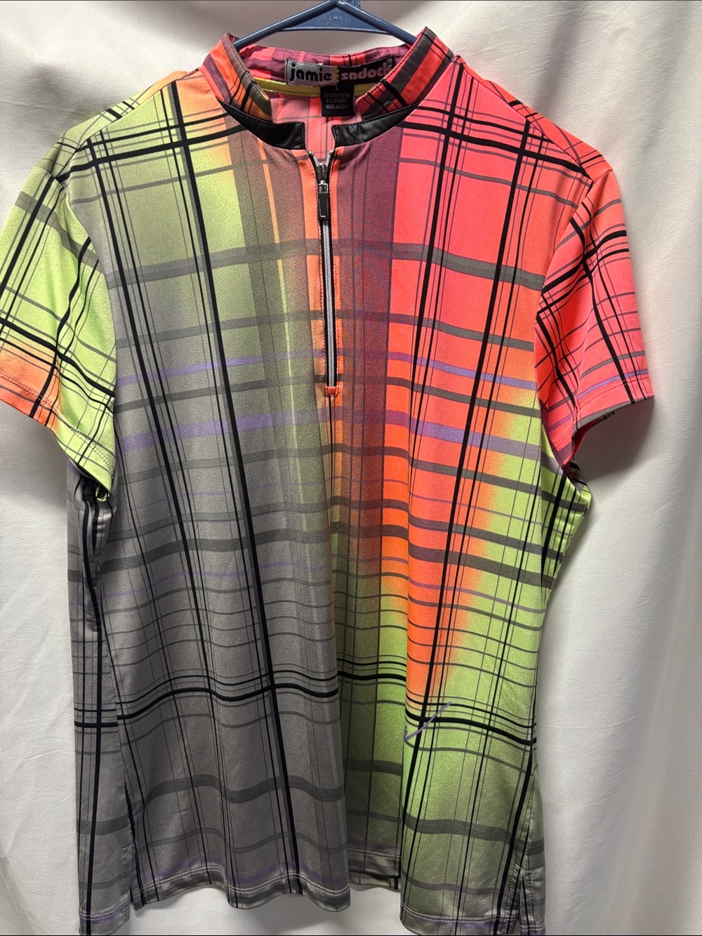 jamie sadock Neon Plaid Zip Polo in Green and Coral